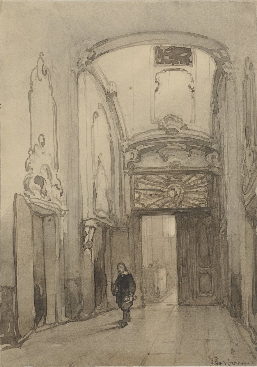 Rokokoportal im Rathaus in Den Haag mit einem Mann im Kostüm des 17. Jahrhunderts von Johannes Bosboom