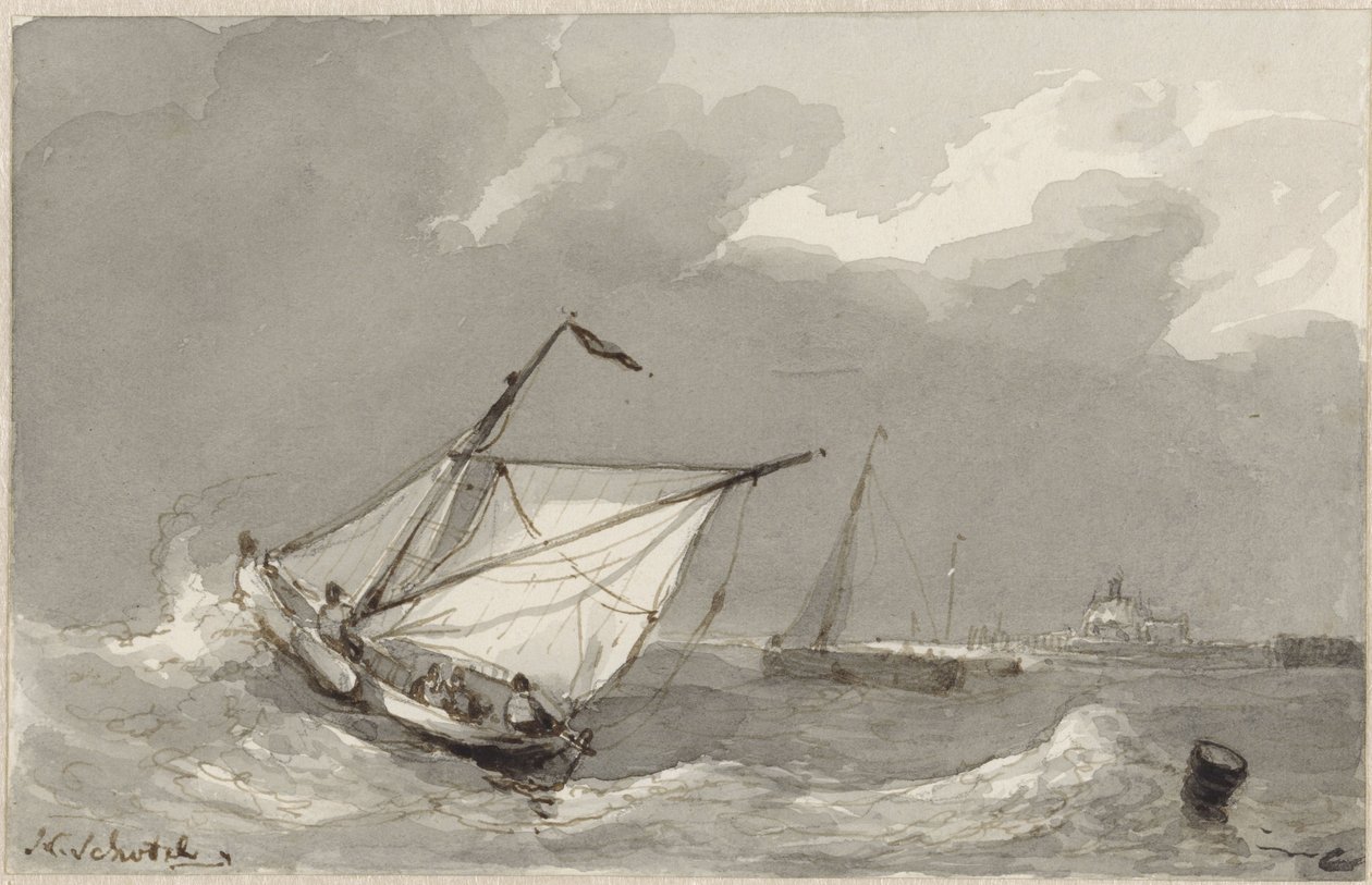 Fischerboot auf stürmischer See, mit einem Dorf in der Ferne von Johannes Christiaan Schotel