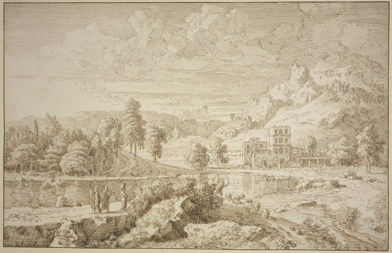 Italienische Landschaft mit Gebäude, auf dem Weg ein Hirte mit Schafen, links drei Figuren von Johannes Glauber