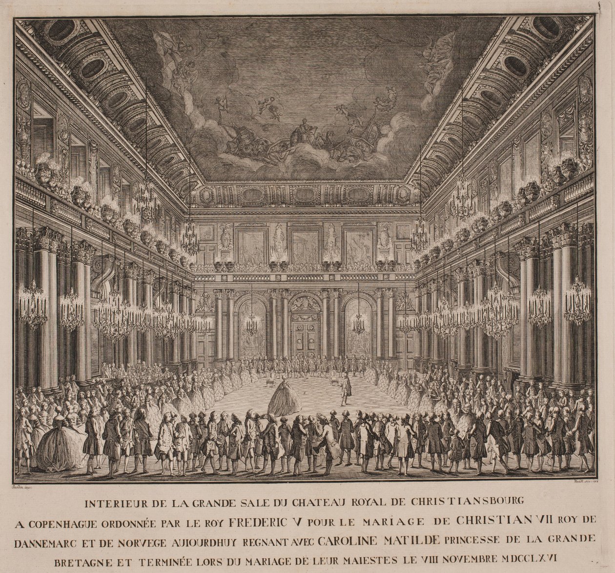 Hofballett im Rittersaal von Christiansborg bei der Hochzeit von Christian VII. mit Caroline Mathilde von Johannes Gottfred Bradt