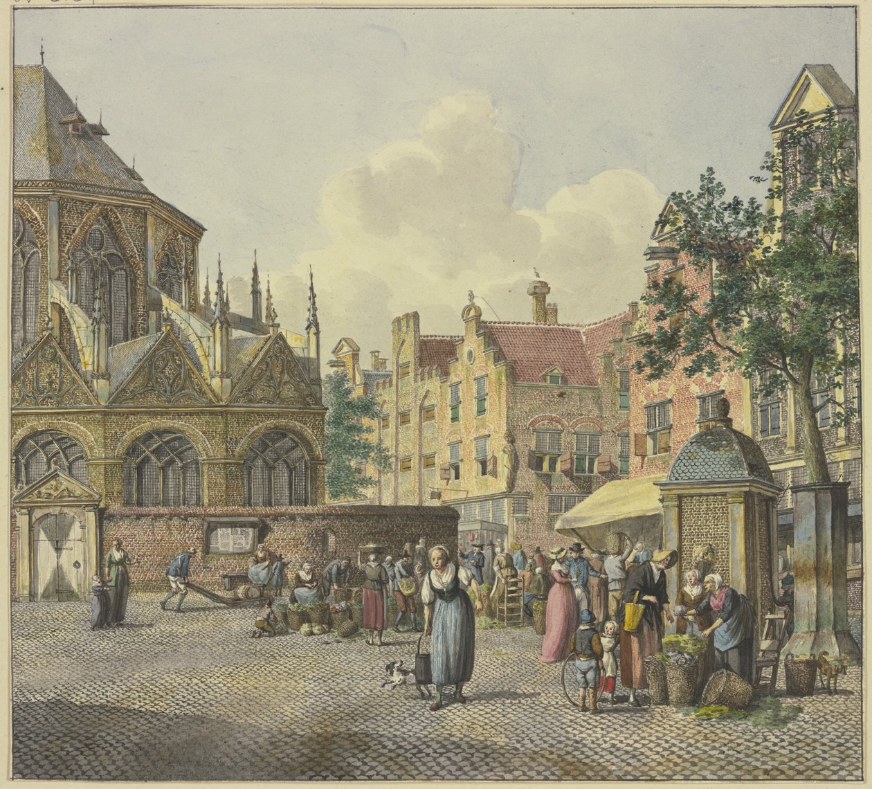 Links der Chor einer Kirche, rechts ein Brunnenhaus, mit Gemüseverkäuferinnen von Johannes Huibert Prins