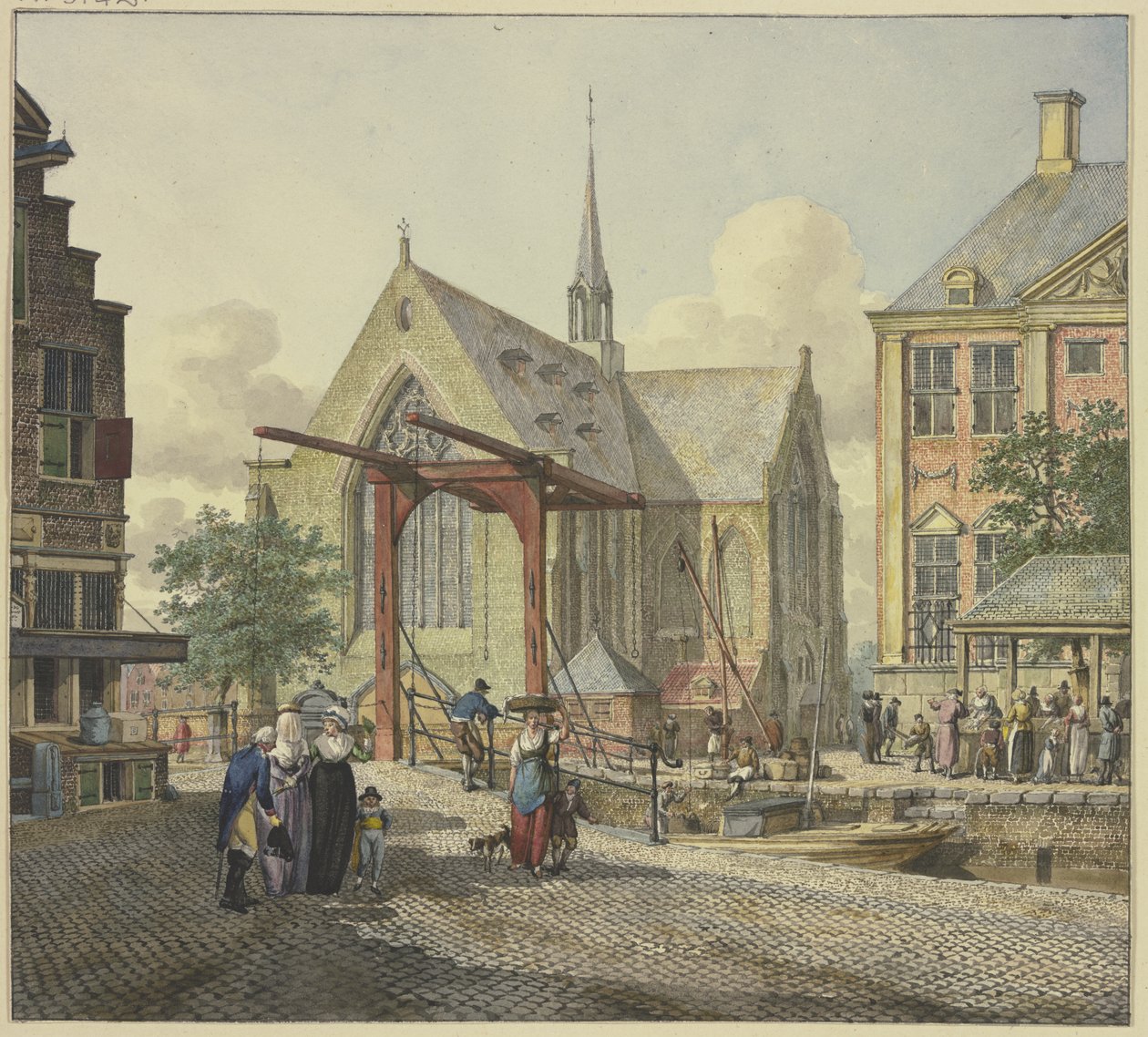 Schleusentor bei einer Kirche, links eine verschleierte Dame, ein Offizier und eine Dame mit einem Knaben von Johannes Huibert Prins