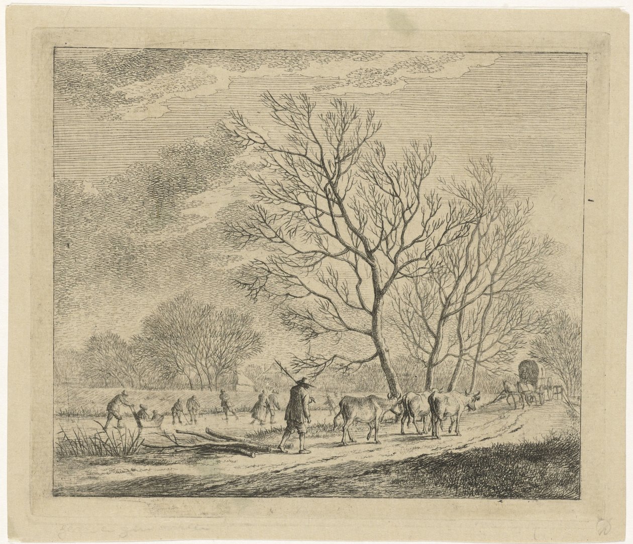 Winterlandschaft mit Kühen und Schlittschuhläufern von Johannes Janson