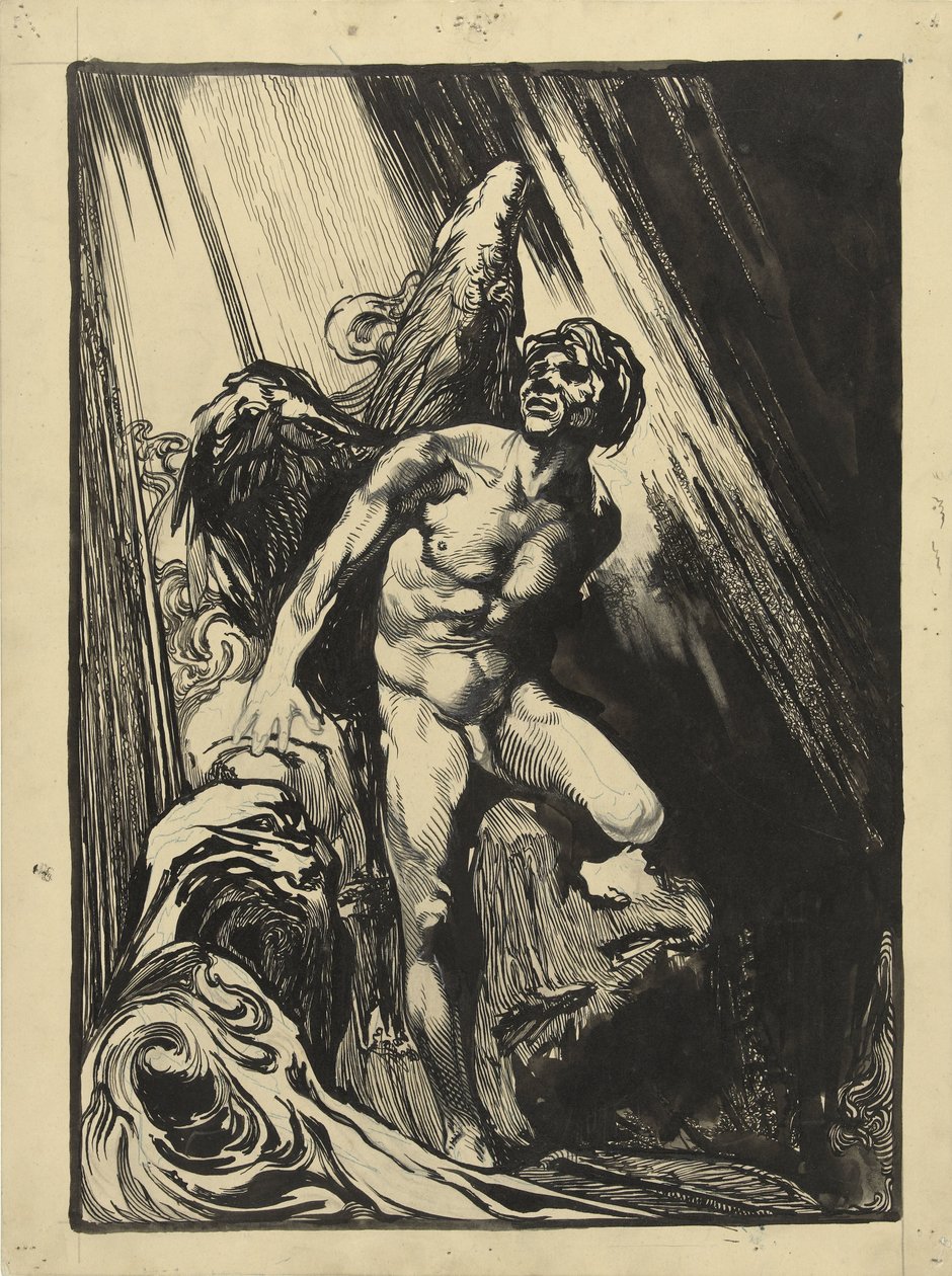 Luzifer in einer Felsenlandschaft bei einem Strom, aufblickend zum Licht von Johannes Josephus Aarts