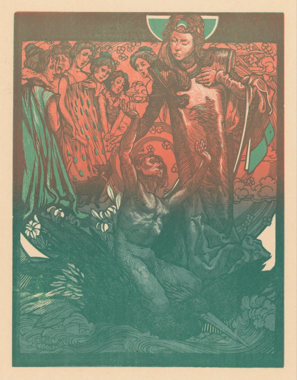 Frauenfiguren mit Mann auf dem Rücken eines Vogels von Johannes Josephus Aarts