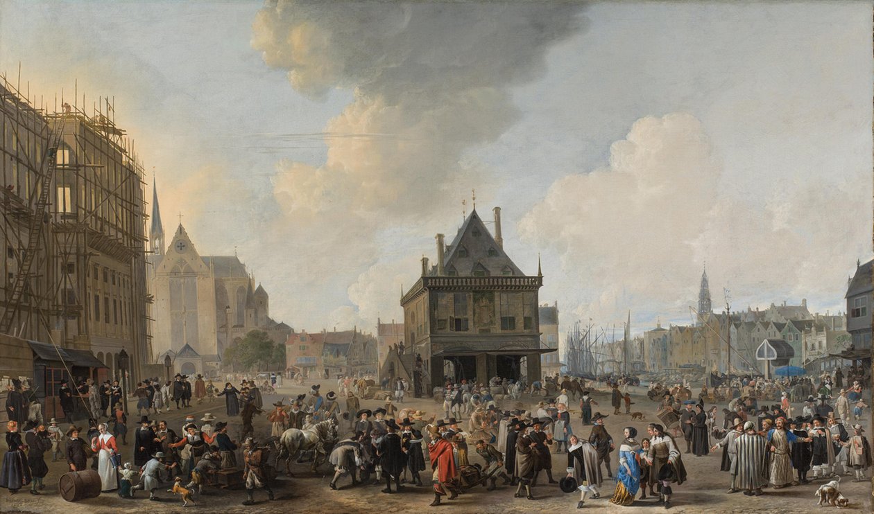 Der Dam, Blick nach Norden, mit dem im Bau befindlichen Rathaus von Johannes Lingelbach