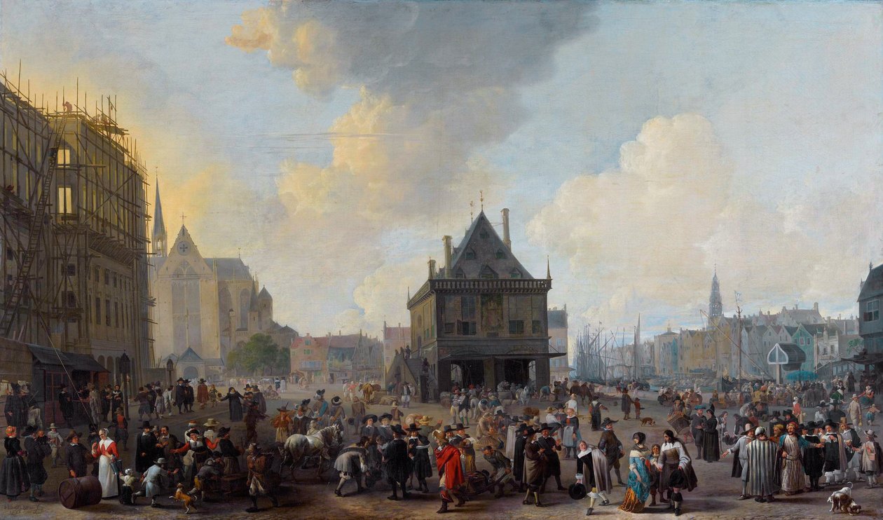 Der Dam, Blick nach Norden, mit dem im Bau befindlichen Rathaus von Johannes Lingelbach