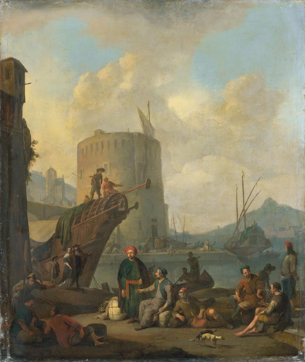 Italienischer Hafen mit einem befestigten Turm von Johannes Lingelbach