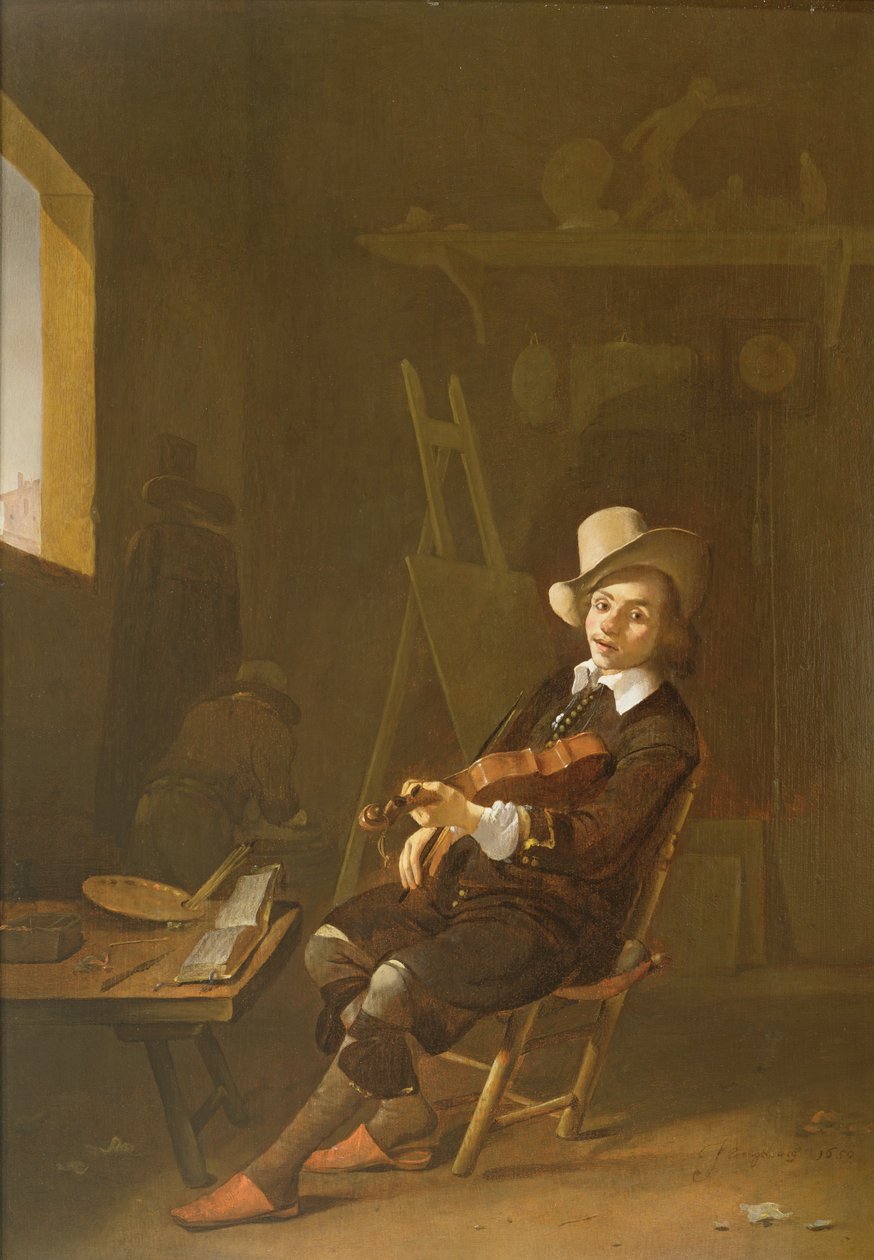 Selbstporträt des Künstlers beim Geigenspiel von Johannes Lingelbach