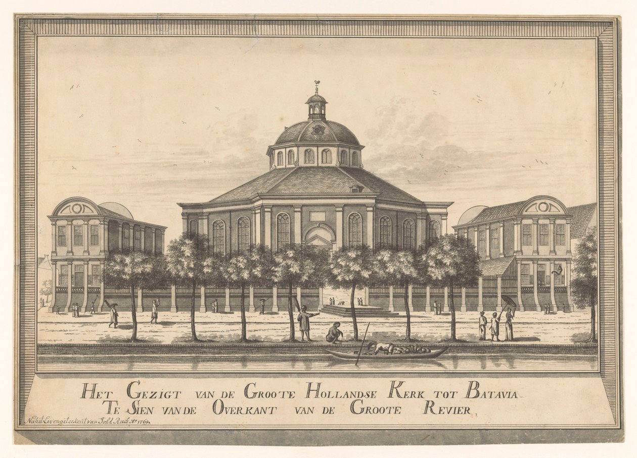 Ansicht der Neuen Holländischen Kirche von Batavia (Das Gesicht der Großen Holländischen Kirche in Batavia von der anderen Seite des Großen Flusses) von Johannes Rach