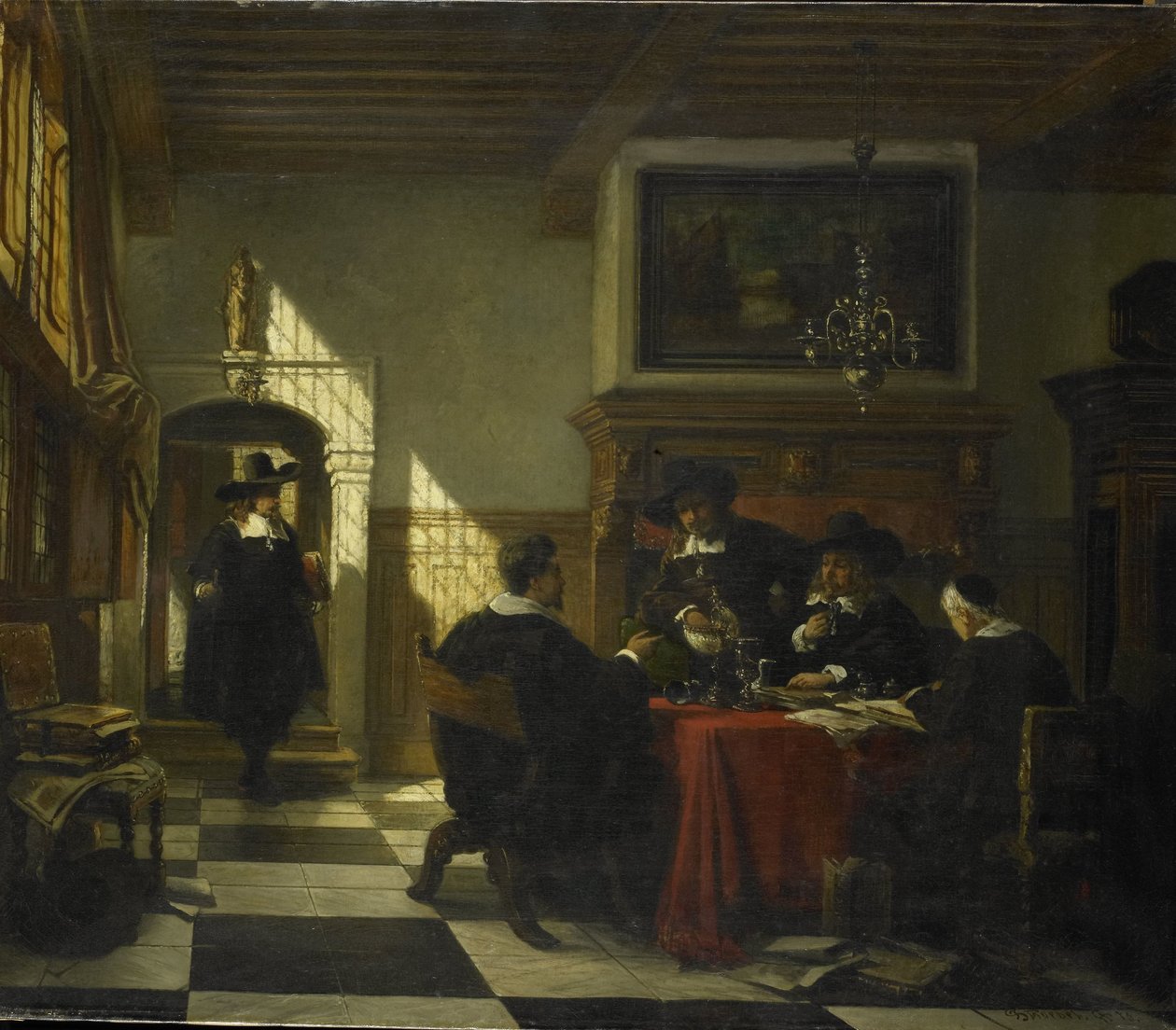 Gesellschaft in Tracht des 17. Jahrhunderts an einem Tisch mit einem Nautilusbecher von Johannes Stroebel