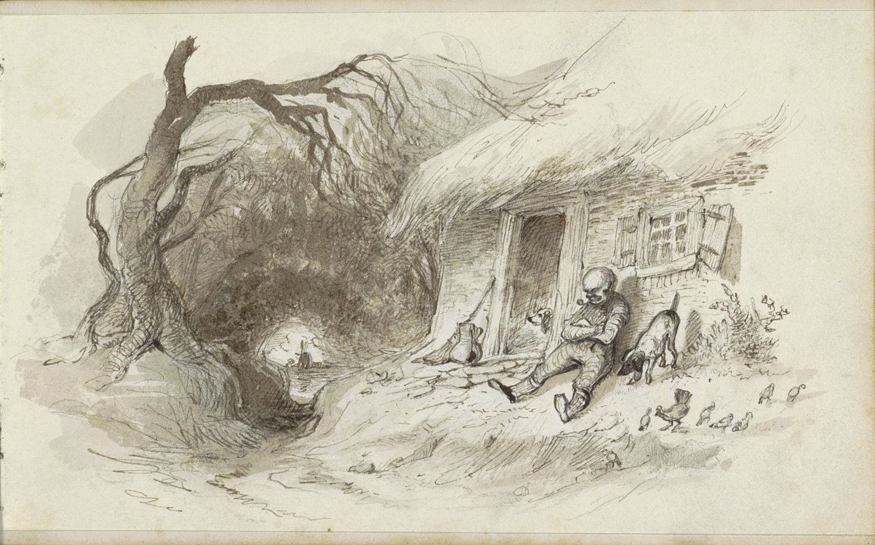 Mann, der vor einem Haus mit Strohdach bei einem Graben sitzt von Johannes Tavenraat