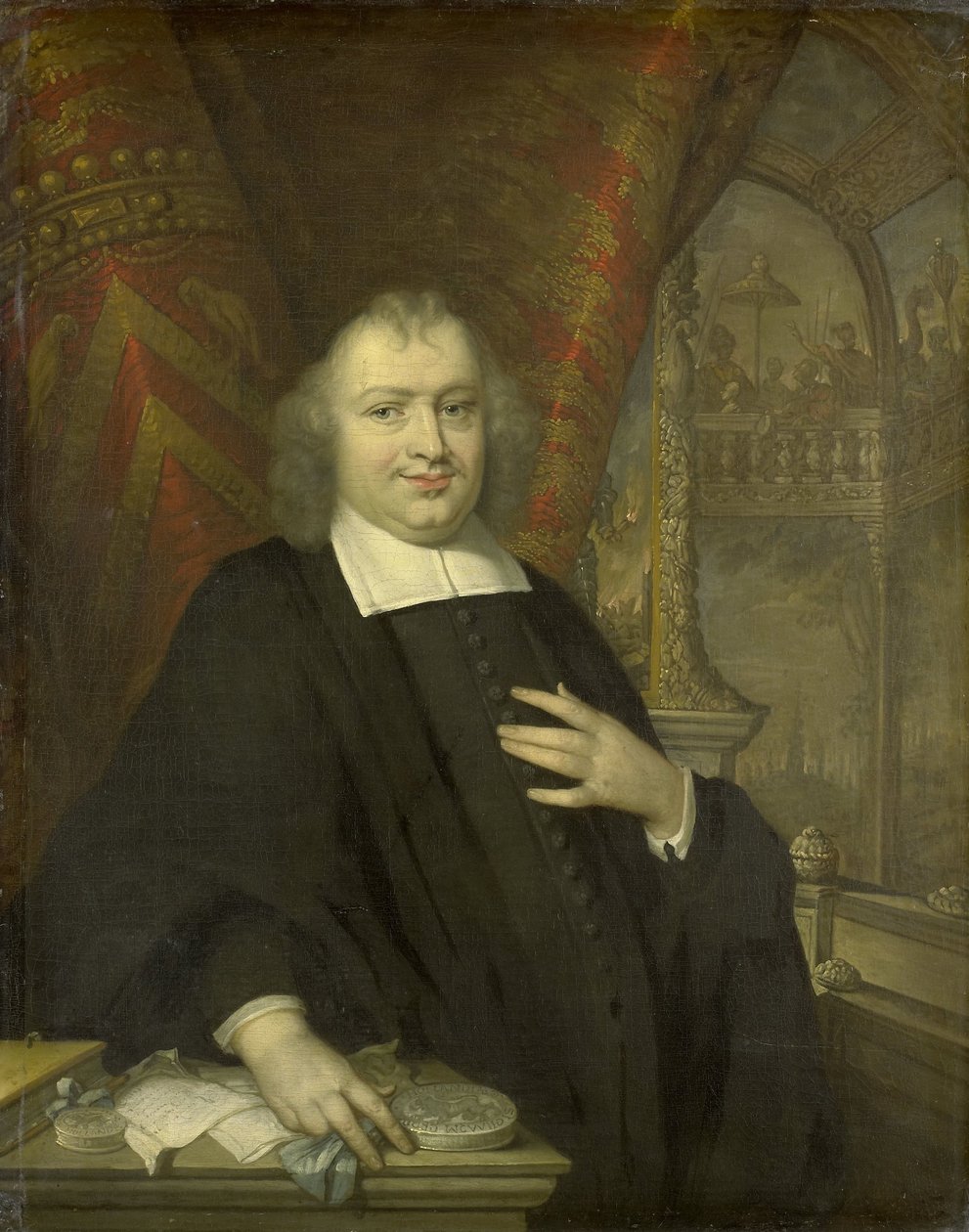 Porträt von Gaspar Fagel, Großpensionär von Holland nach 1672, im Hintergrund der Sitzungssaal der Staaten von Holland im Binnenhof in Den Haag von Johannes Vollevens (I) (copy after)