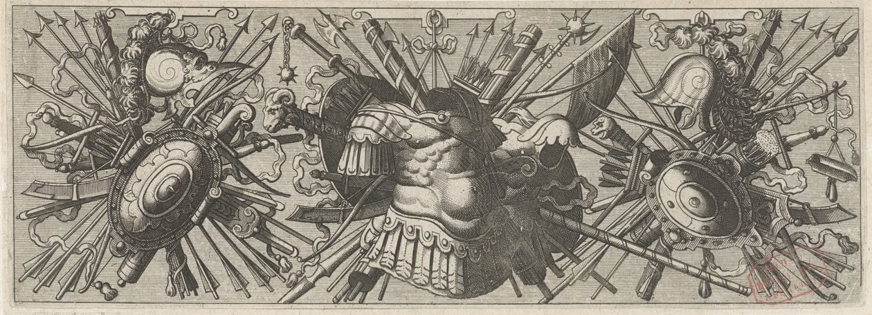Panoplia. Fries mit römischen Waffen, unterer Teil von Johannes of Lucas van Doetechum