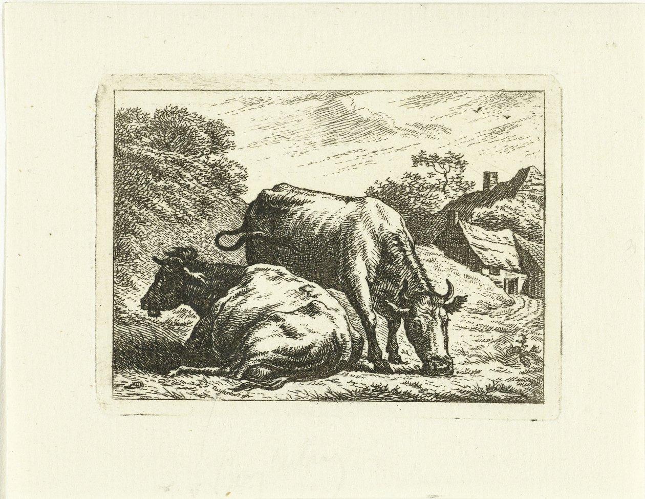 Zwei Kühe entlang des Weges bei einem Bauernhof von Johannes van Cuylenburgh
