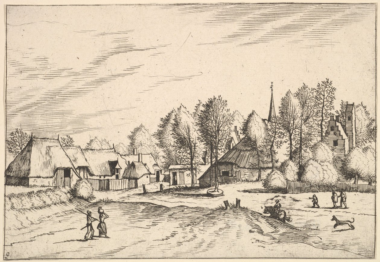 Dorf mit Kirchturm aus Multifariarum casularum ruriumque lineamenta cur..., 1559-61 von Johannes van Doetecum I