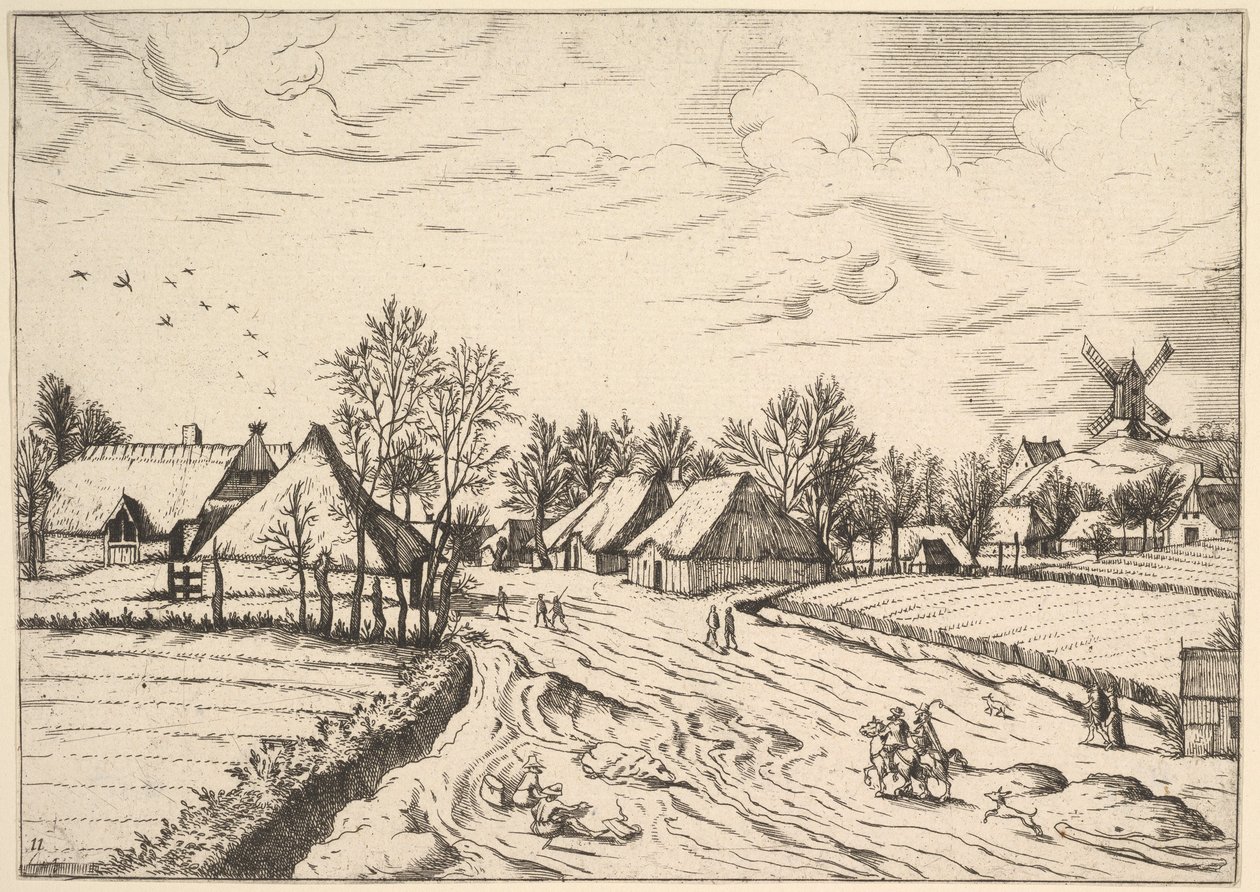 Dorf mit Postmühle aus Multifariarum casularum ruriumque lineamenta curios..., 1559-61 von Johannes van Doetecum I