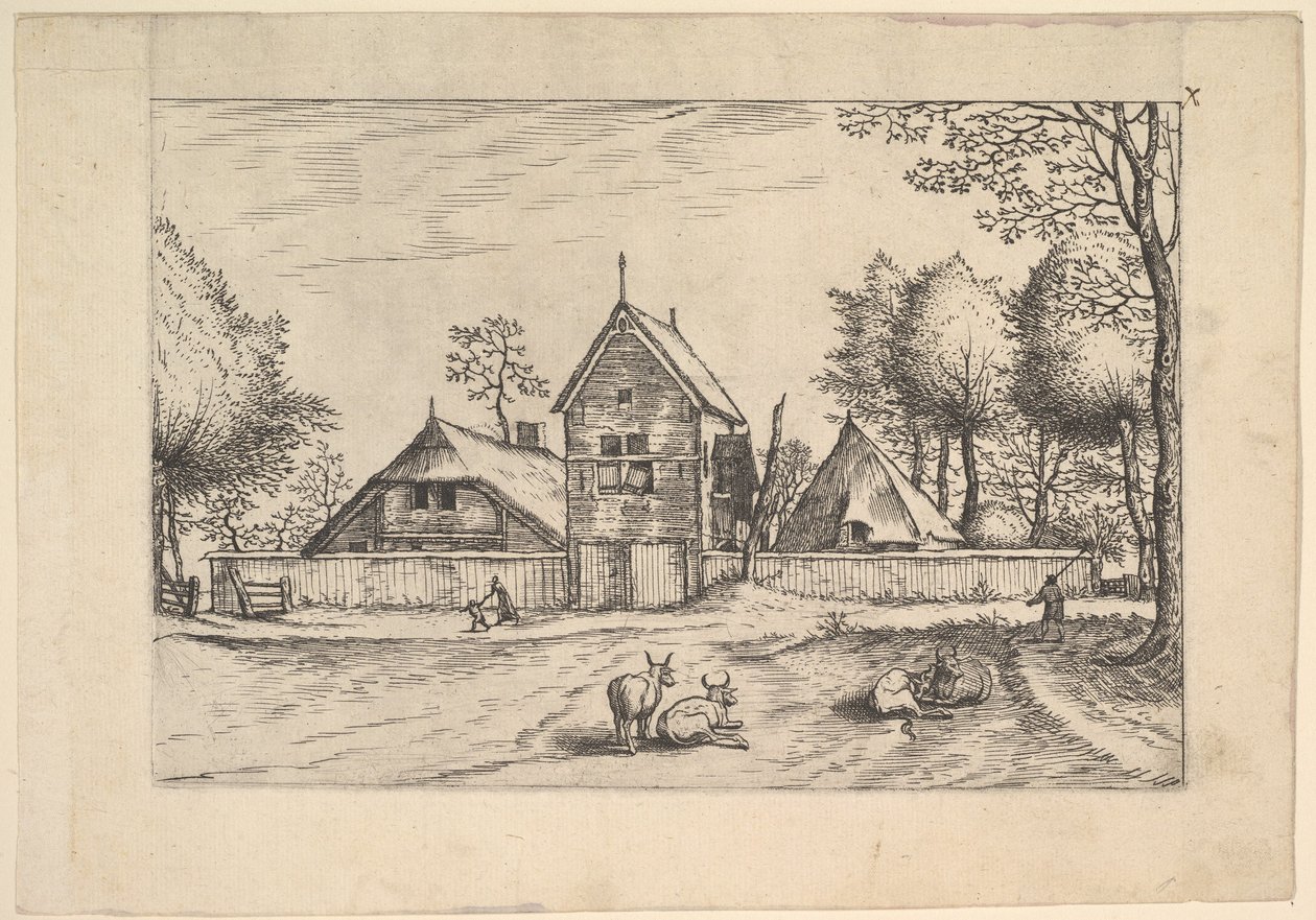 Bauernhof, Kühe und Hirte im Vordergrund aus Praediorum villarum et rusticar... von Johannes van Doetecum I