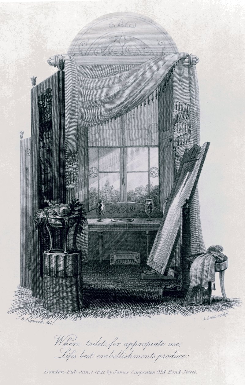 Entwurf für griechische Möbel (Ankleidezimmer) von J. B. Papworth aus The Social Day von Peter Coxe, 1823, Gravur von John Buonarotti Papworth