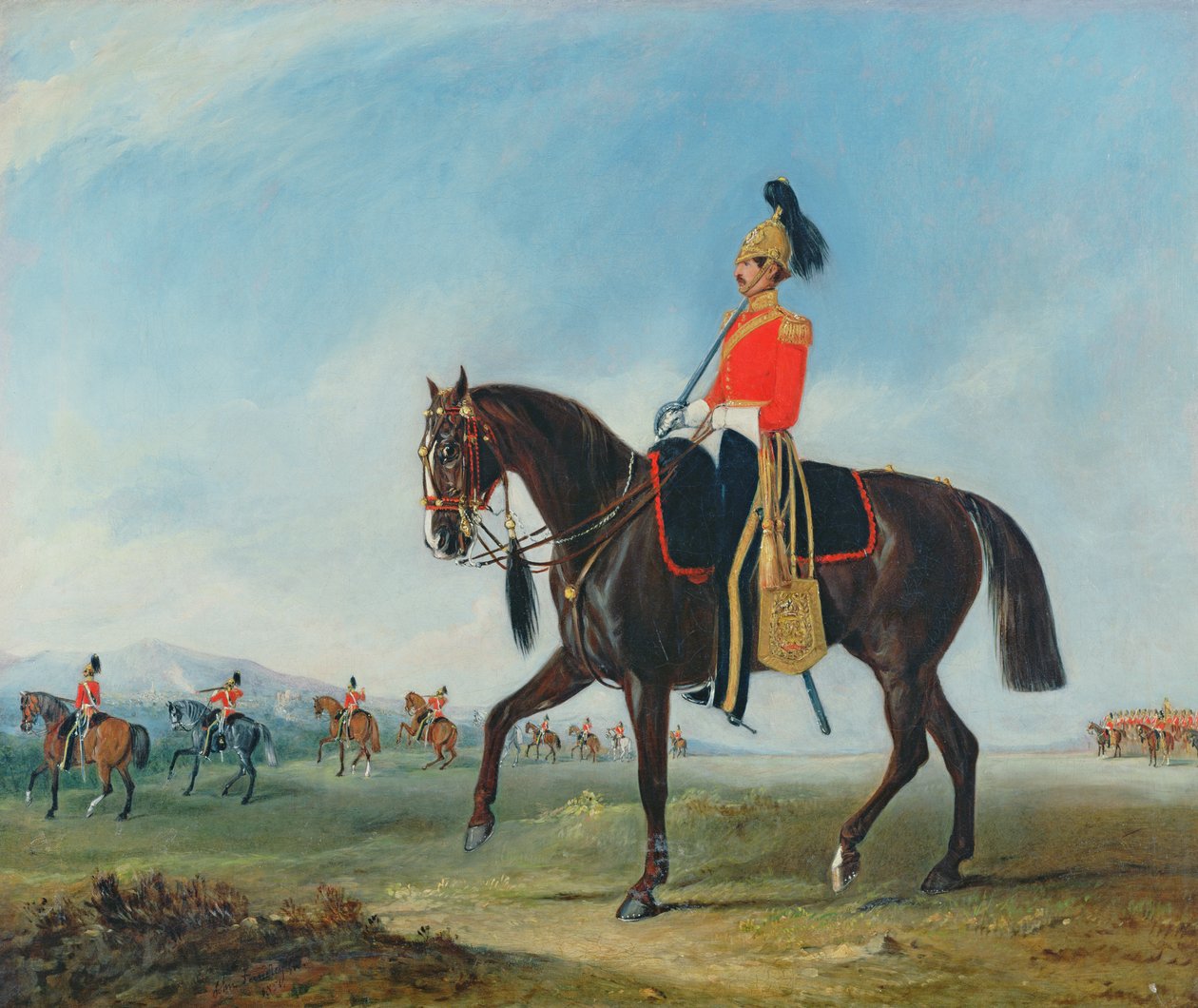 Porträt eines Offiziers der 3. Dragonerwache mit anderen Mitgliedern des Regiments im Hintergrund von John E. Ferneley