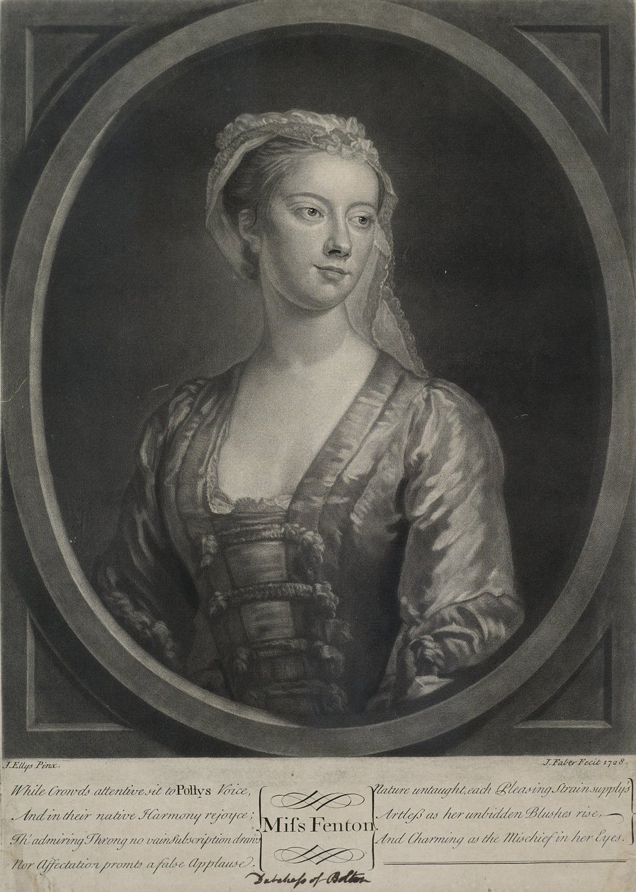 Miss Fenton, graviert von John Faber der Jüngere (ca. 1695-1756), 1728 von John Ellys