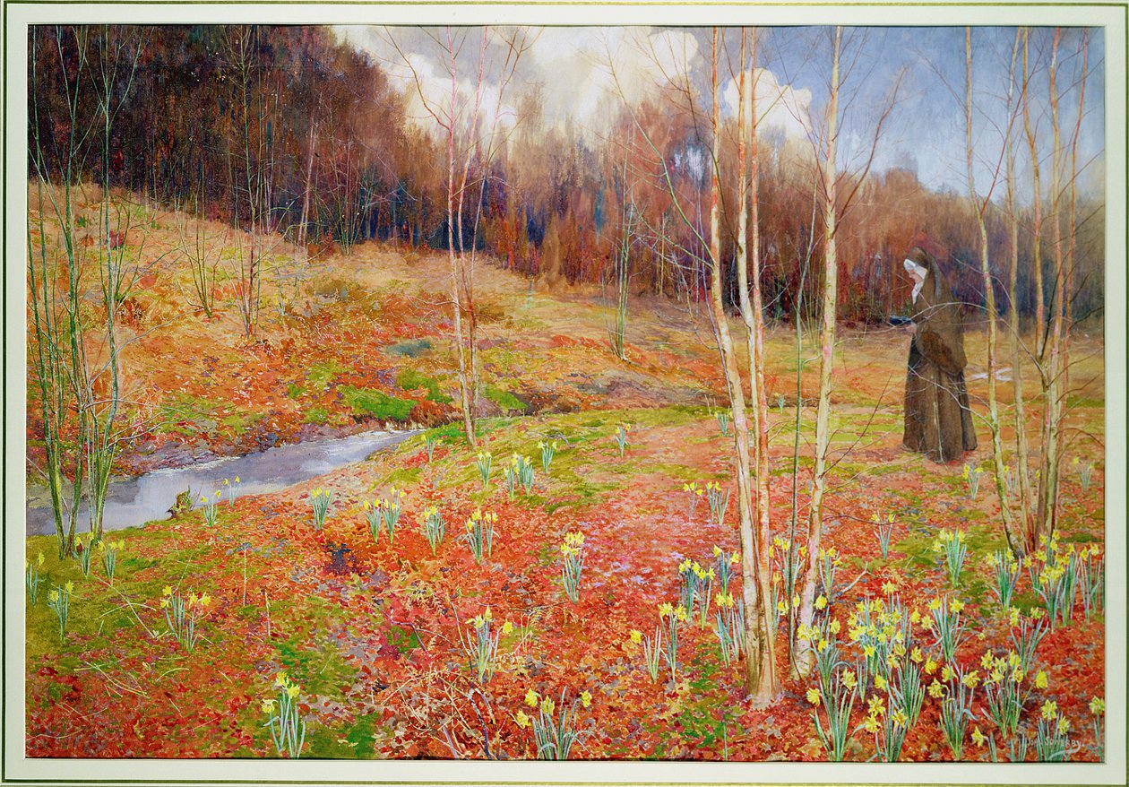 Eine Frühlingslandschaft, mit einer Nonne, die zwischen Narzissen spaziert von John George Sowerby