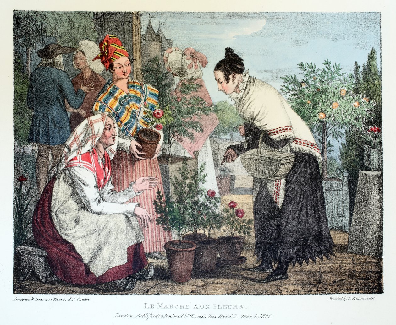 Der Blumenmarkt, veröffentlicht von Rodwell und Martin, 1820 von John James Chalon