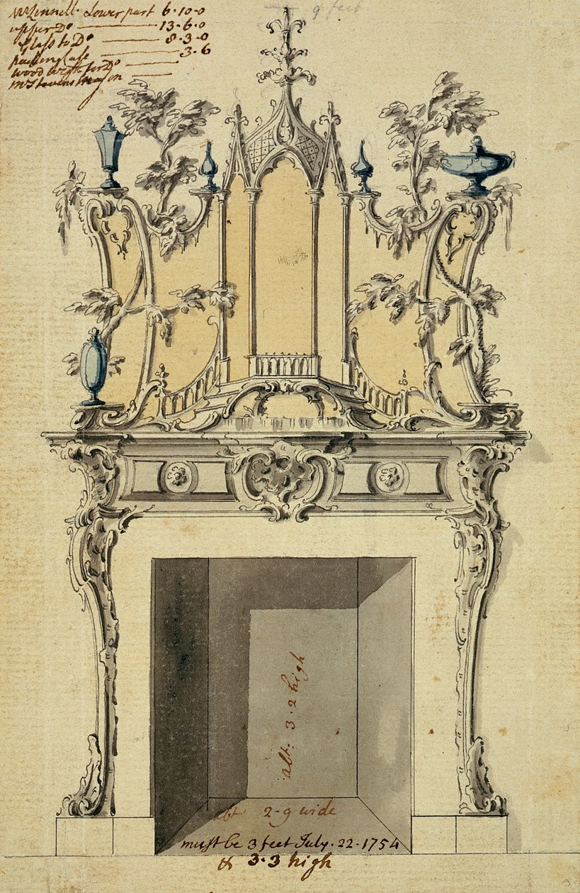 Entwurf für ein Rokoko-Kaminstück, 1754 von John Linnell