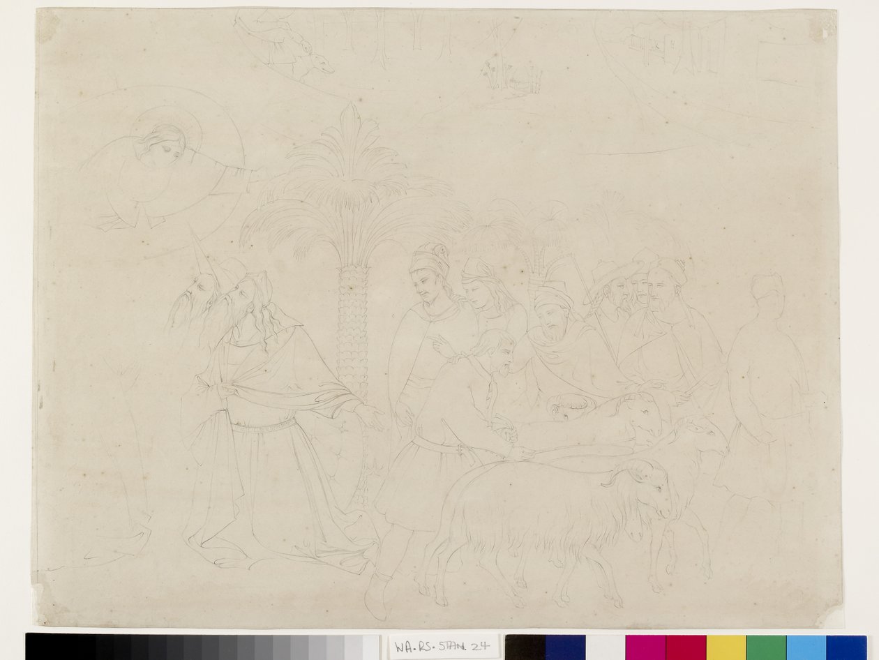 Bleistiftumriss eines Teils des Freskos Die Freunde Hiobs im Camposanto, Pisa, zugeschrieben Taddeo Gaddi, 14. - 16. Mai 1845 von John Ruskin