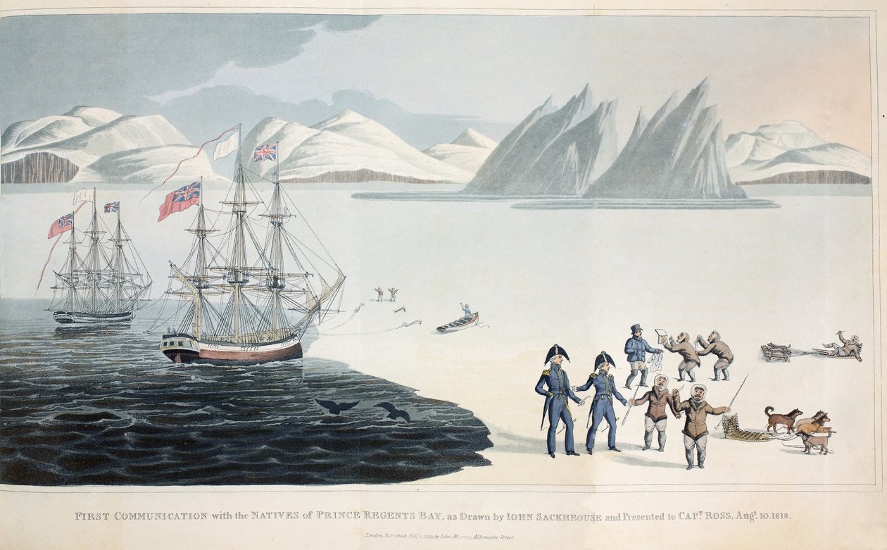 Erster Kontakt mit den Eingeborenen der Regents Bay am 10. August 1818, Illustration aus A Voyage of Discovery..., 1819 von John Sackhouse
