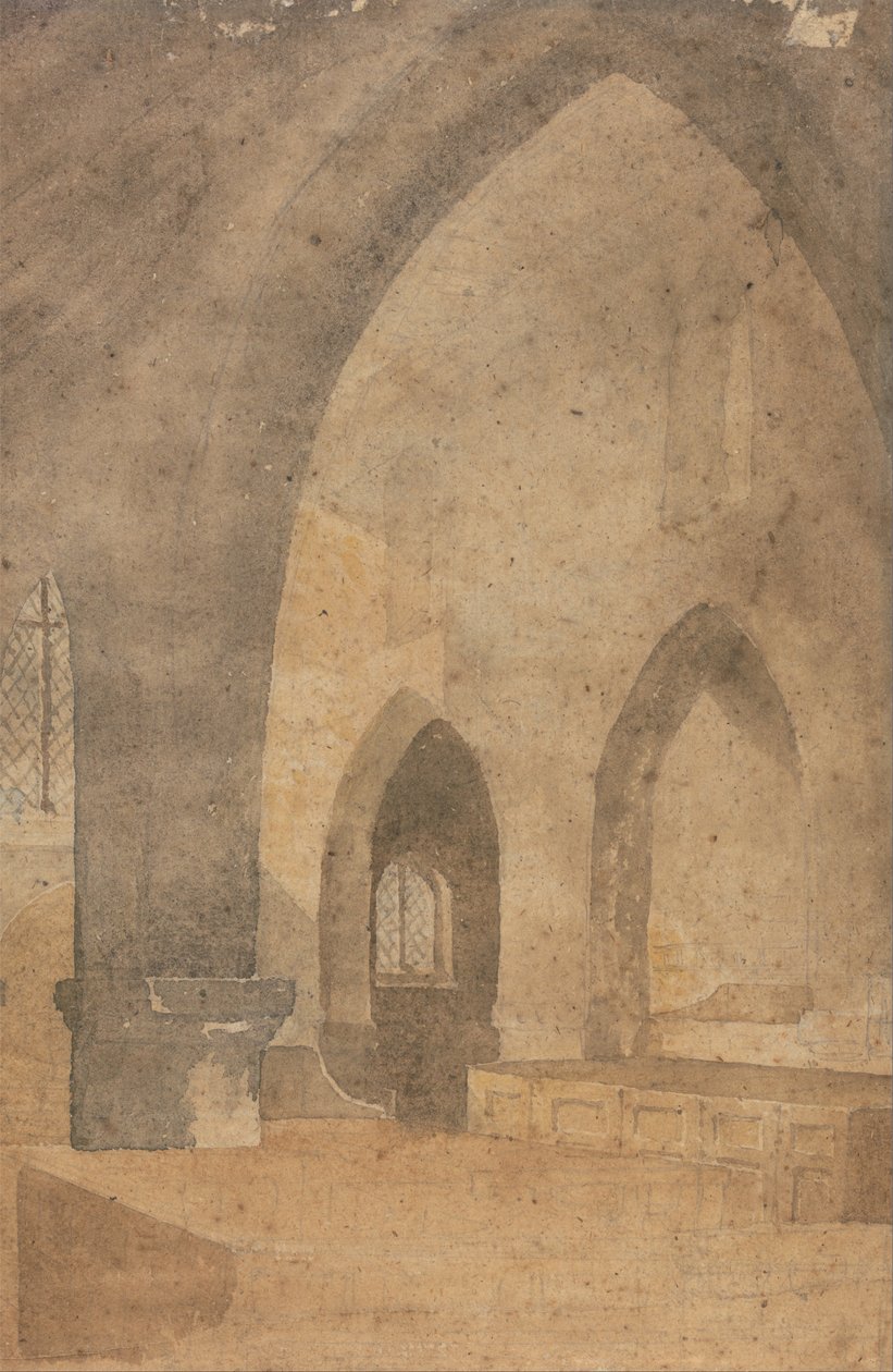 Innenraum einer Kirche, Blick nach Westen vom südlichen Seitenschiff von John Sell Cotman
