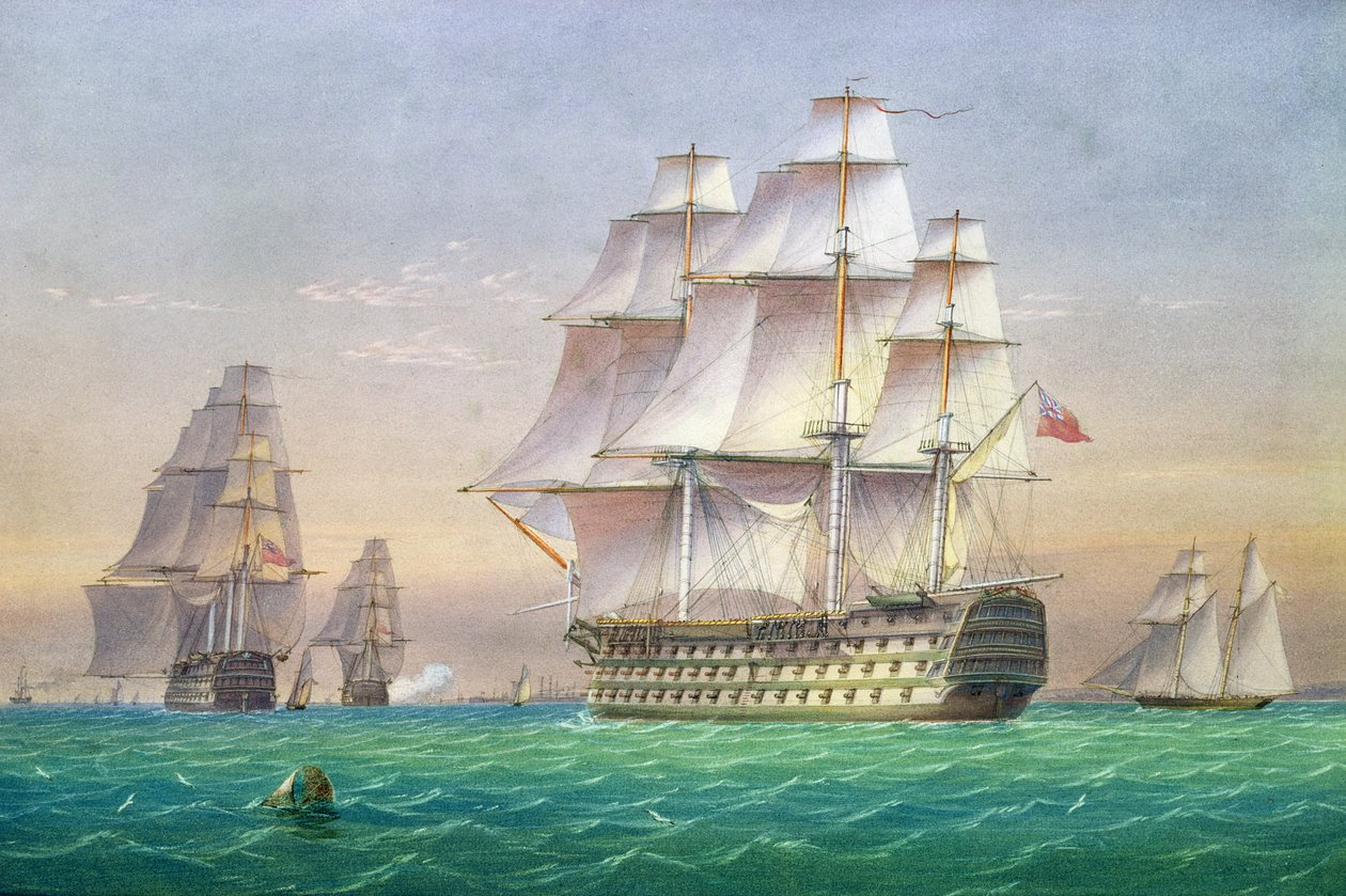 Drei erstklassige Linienschiffe, die den Hafen von Portsmouth betreten von John and William Joy