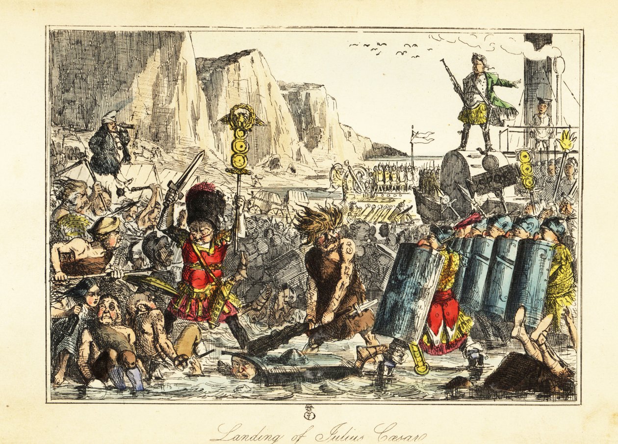Ein Standartenträger der 10. Legion in Bärenfell führt römische Infanterie an einem Strand in Sandwich, 54 v. Chr. von John (after) Leech