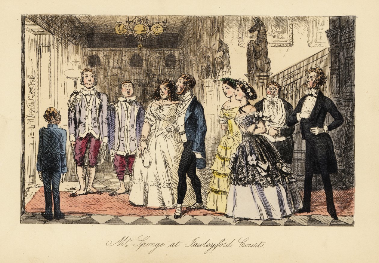 Englischer Gentleman und Damen werden vor dem Abendessen in einem großen Haus angekündigt von John (after) Leech