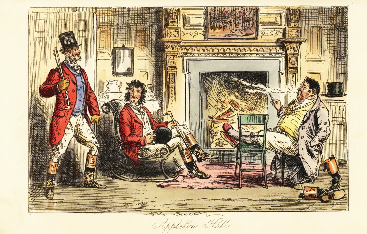 Fuchsjagdteilnehmer entspannen sich vor einem Feuer in einem großen Herrenhaus nach der Jagd von John (after) Leech