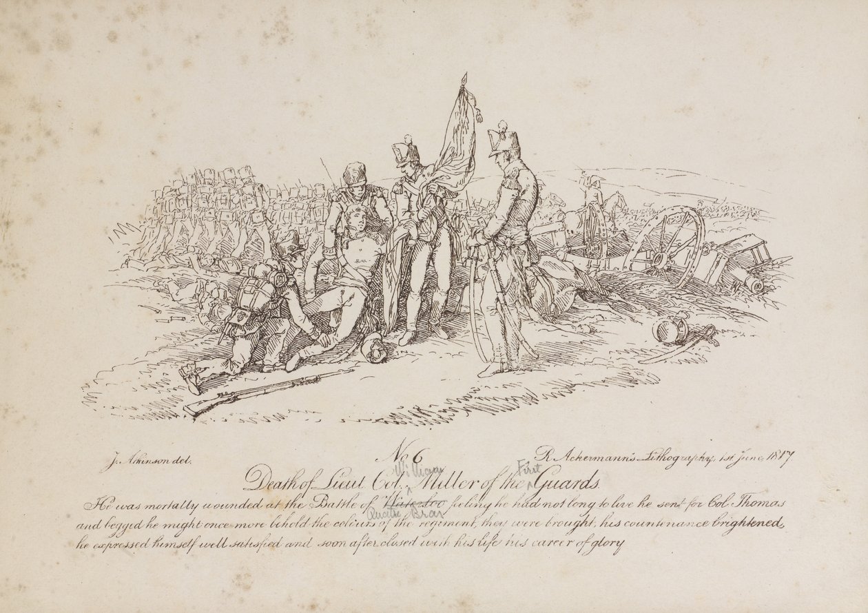 Tod von Oberstleutnant William Miller von den 1. Garden in der Schlacht von Quatre Bas von John Augustus Atkinson