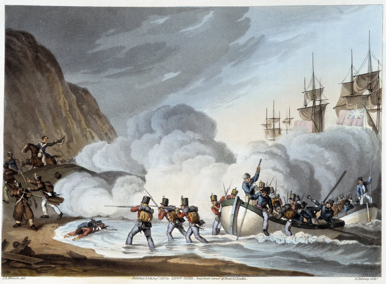 Landung von Truppen, frühes 19. Jahrhundert in „Historical, Military and Naval Anecdotes...“ von Edward Orne von John Augustus Atkinson