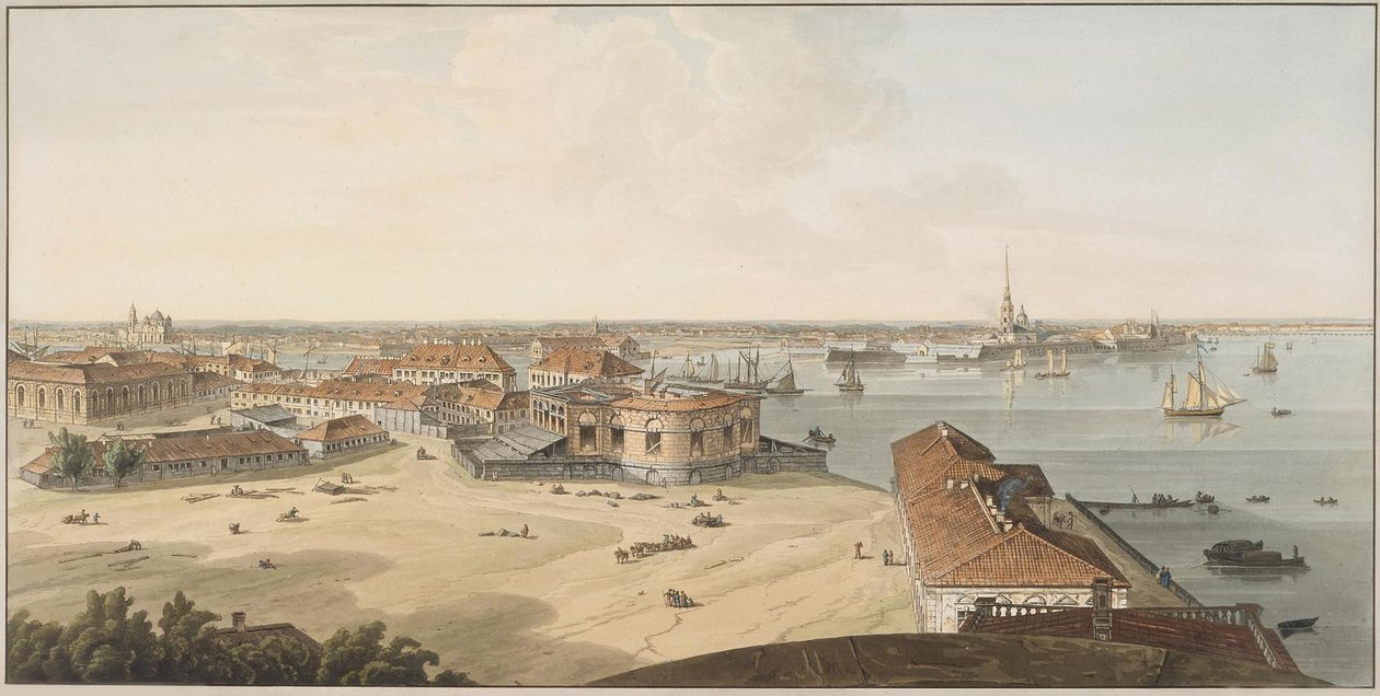 Blick auf die Landzunge der Wassiljewski-Insel und die Peter-und-Paul-Festung, Zwischen 1802 und 1805 von John Augustus Atkinson