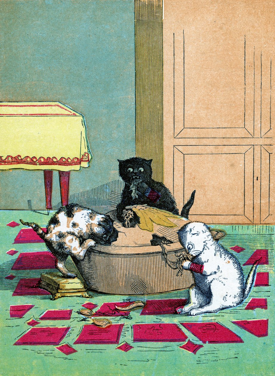 Drei kleine Kätzchen mit Fäustlingen essen einen Kuchen, Illustration aus "Three Little Kittens" von John Ballantyne