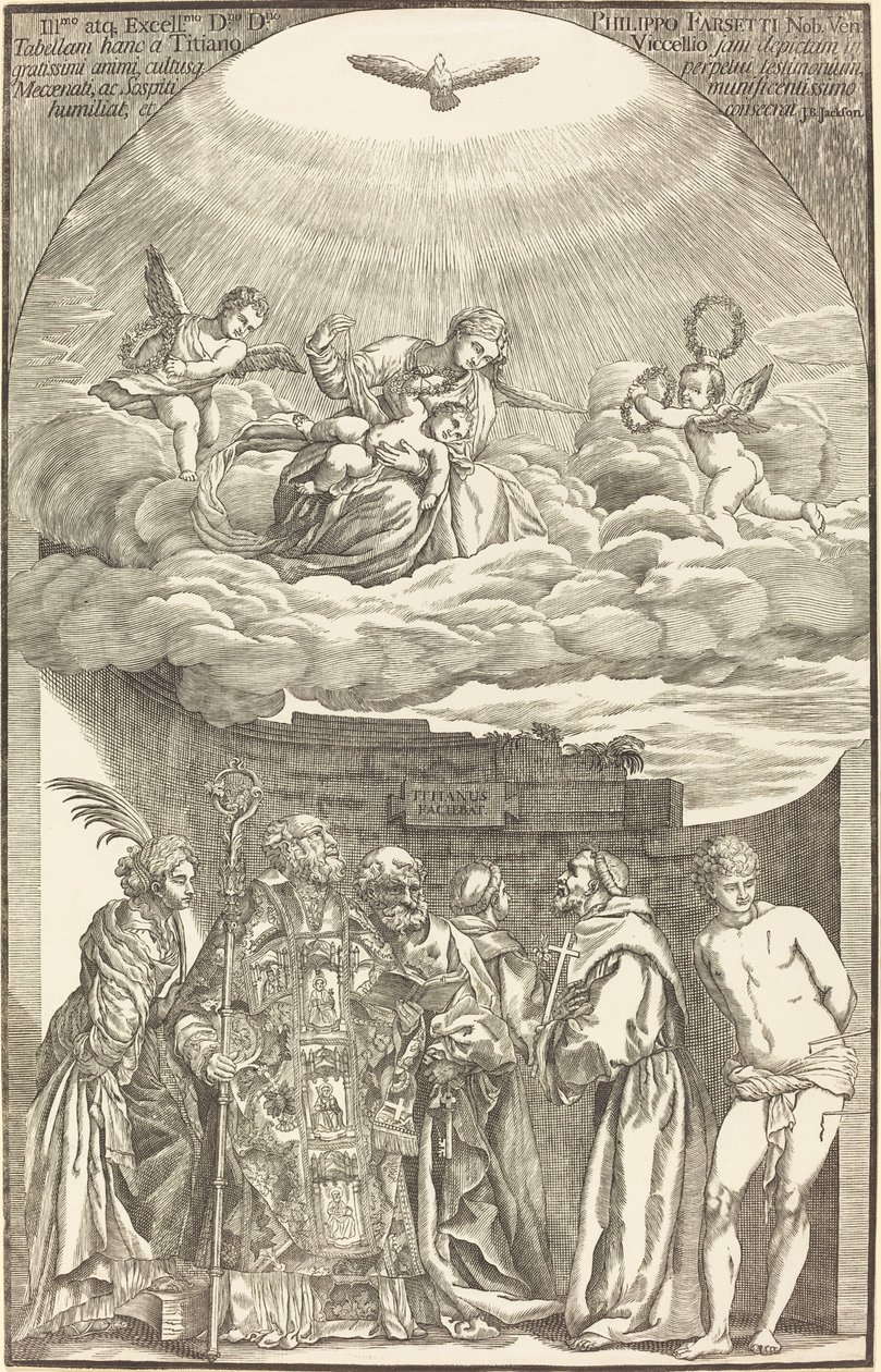 Die Jungfrau in den Wolken und sechs Heilige von John Baptist Jackson after Titian