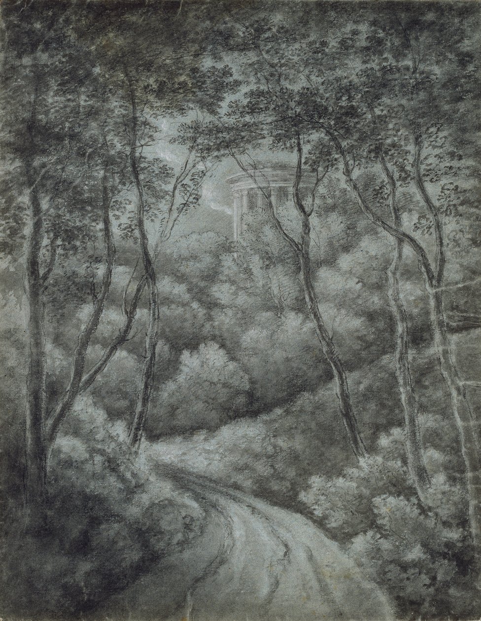 Landschaft mit einem Weg durch einen Wald und einem klassischen Tempel, spätes 18. Jahrhundert von John Baptist Malchair