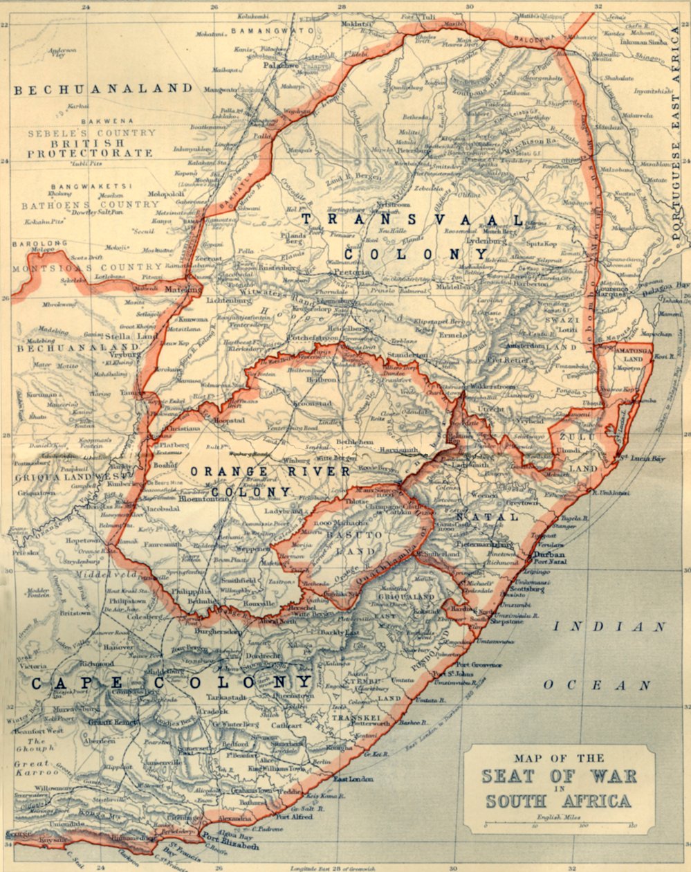 Karte des Kriegsschauplatzes in Südafrika, 1901 von John Bartholomew