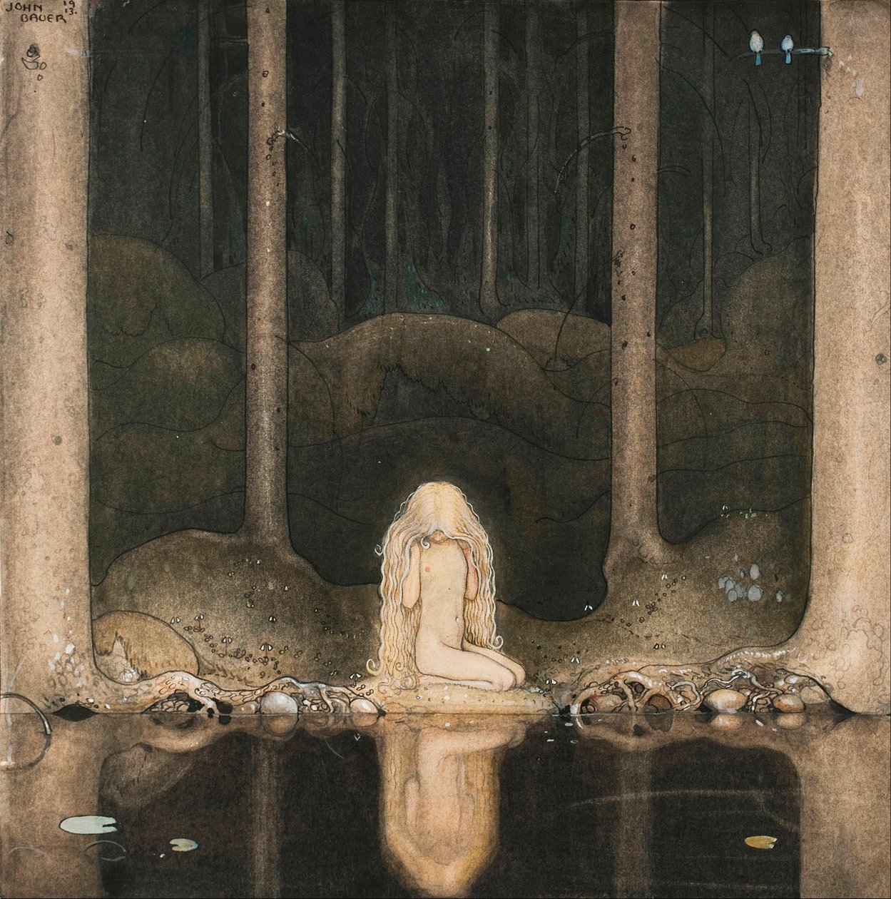 Prinzessin Tuvstarr blickt nostalgisch auf das Wasser des Sees von John Bauer