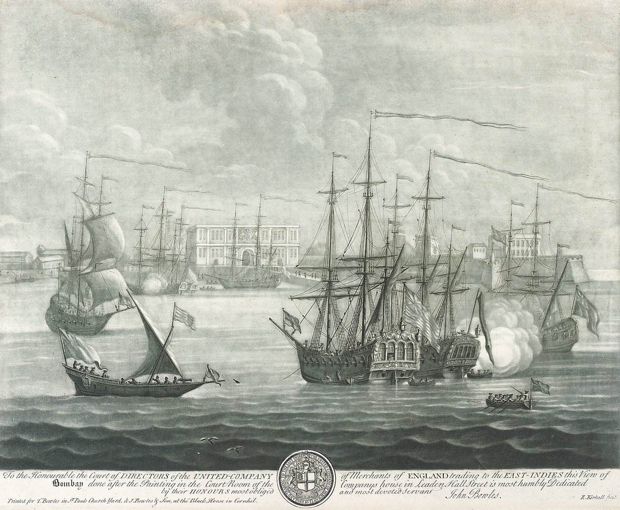 Ansicht von Bombay (Indien), gewidmet dem Direktor der British East India Company. Gravur von John Bowles (?) von John Bowles