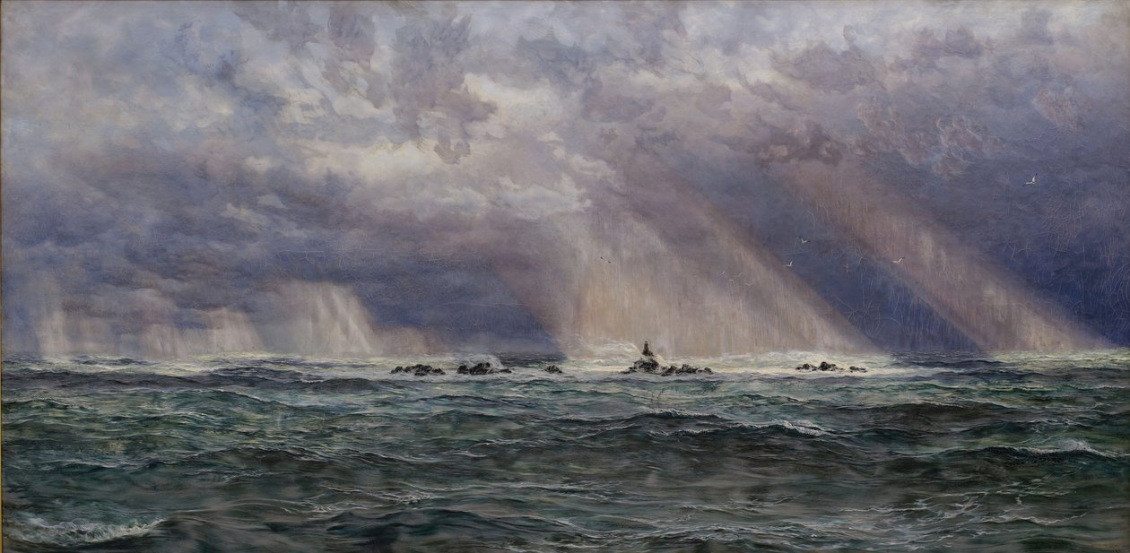 Ein Nordweststurm vor dem Longships-Leuchtturm von John Brett