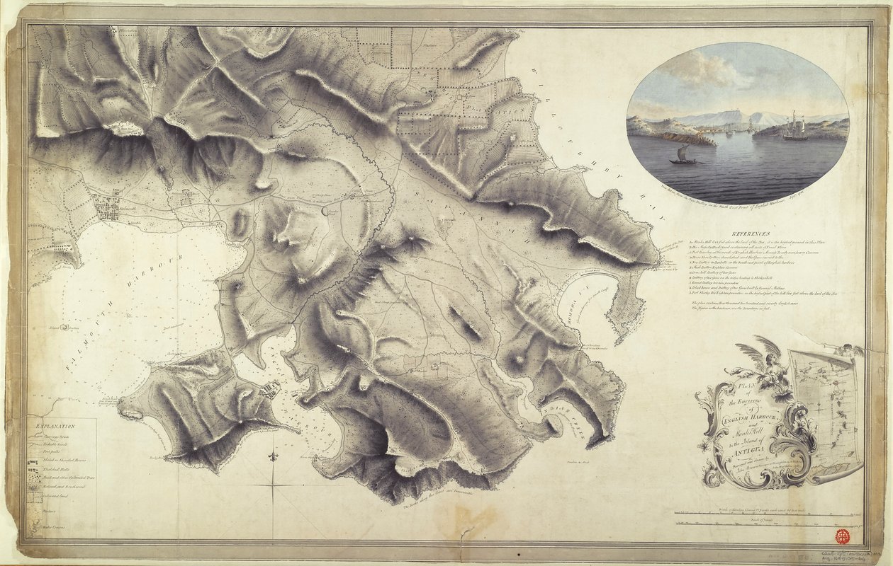 Plan der Umgebung des English Harbour und Monks Hill auf der Insel Antigua, vermessen und gezeichnet von John Brown, Vermesser und Zeichner der Armee in Westindien von John Brown