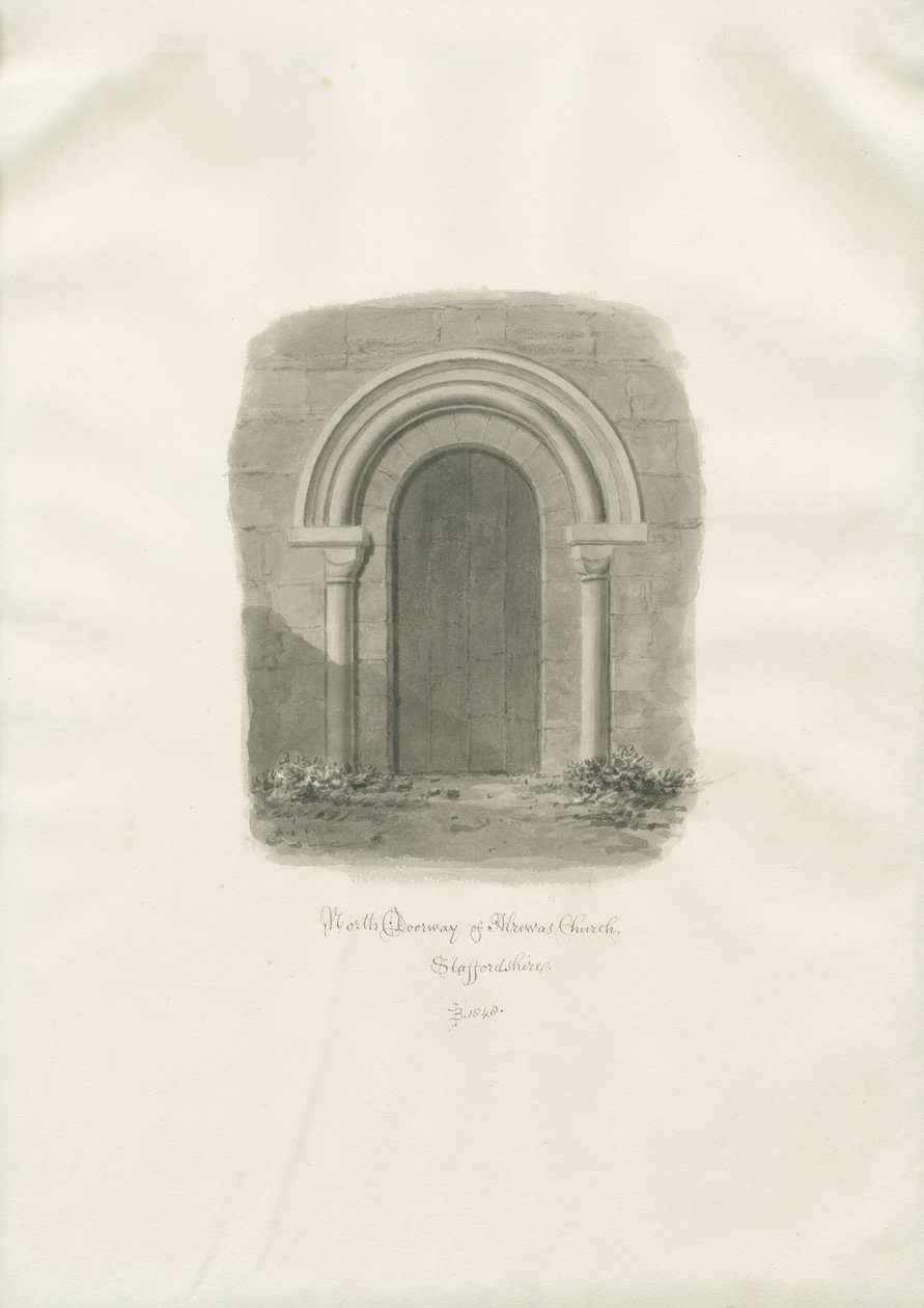 Alrewas Kirche - Nordportal: Sepia-Zeichnung von John Buckler