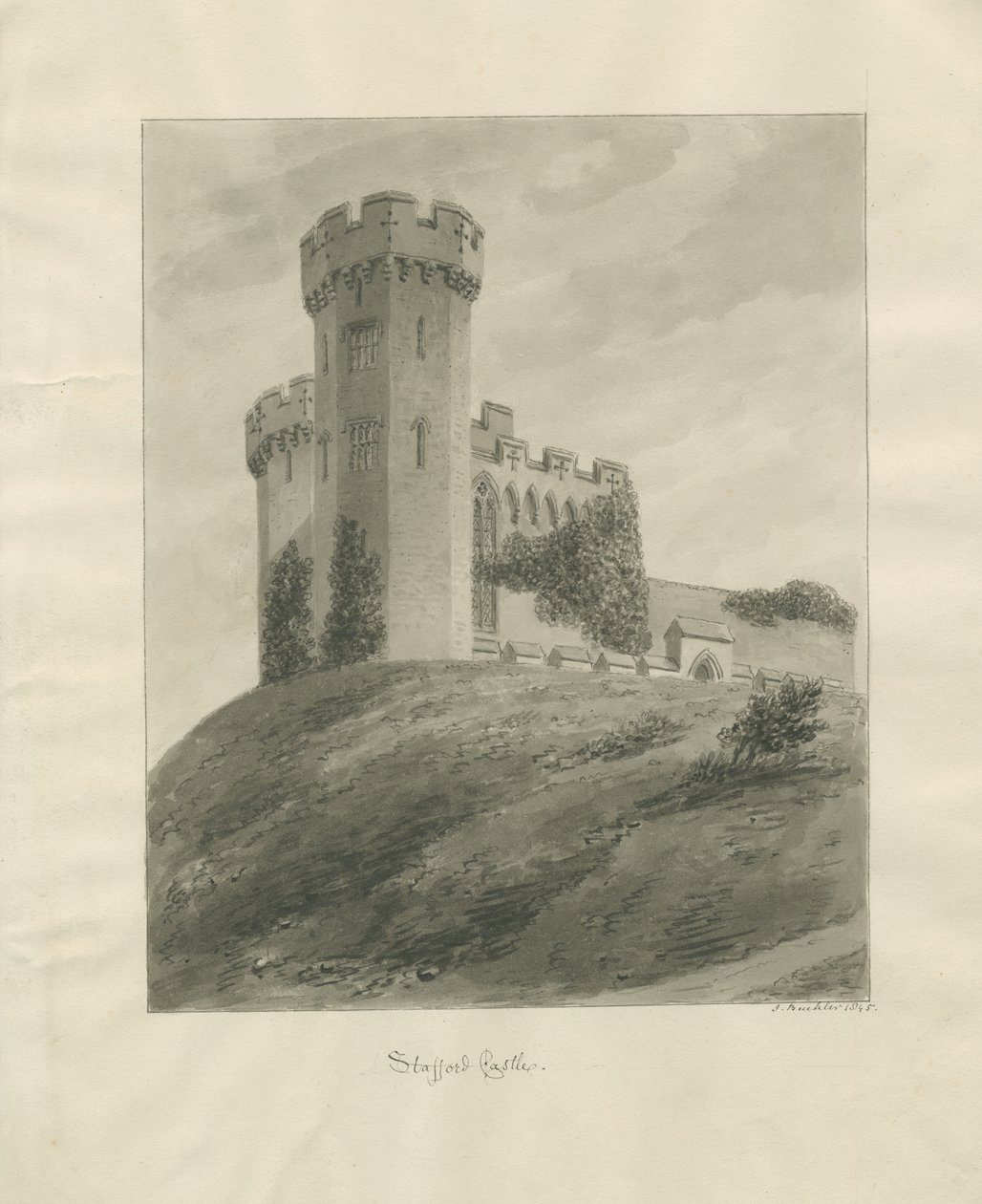 Castle Church - Stafford Castle: Sepia-Zeichnung von John Buckler