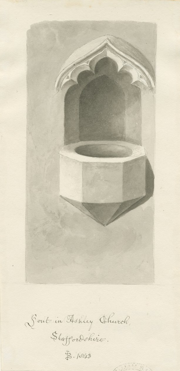 Taufbecken in Ashley Kirche: Sepiazeichnung, 1843 von John Buckler