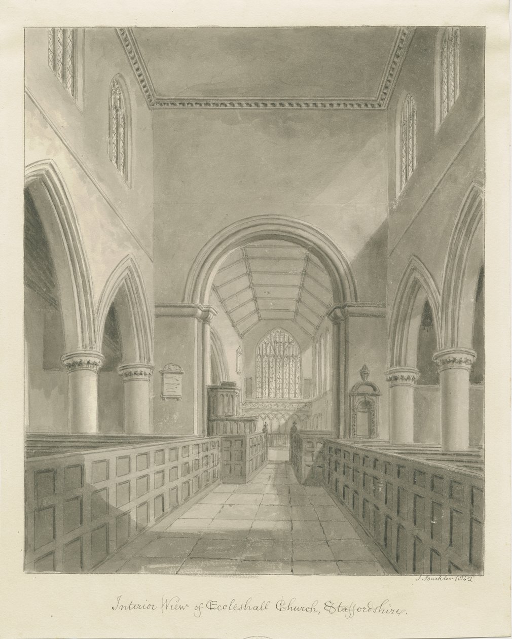 Innenraum der Eccleshall Kirche von John Buckler